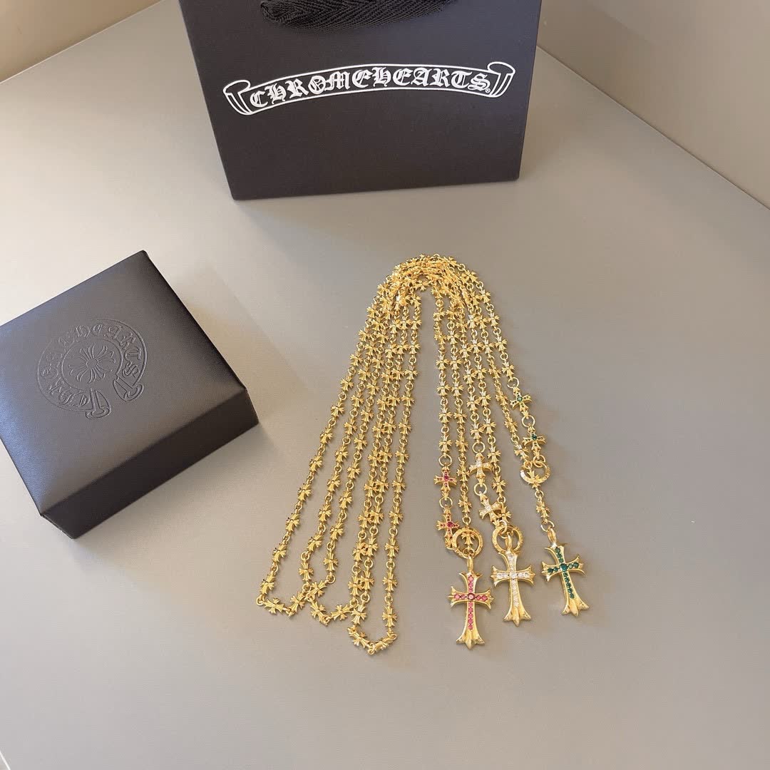 Chrome Hearts Gold Star Chain with Cross Pendants